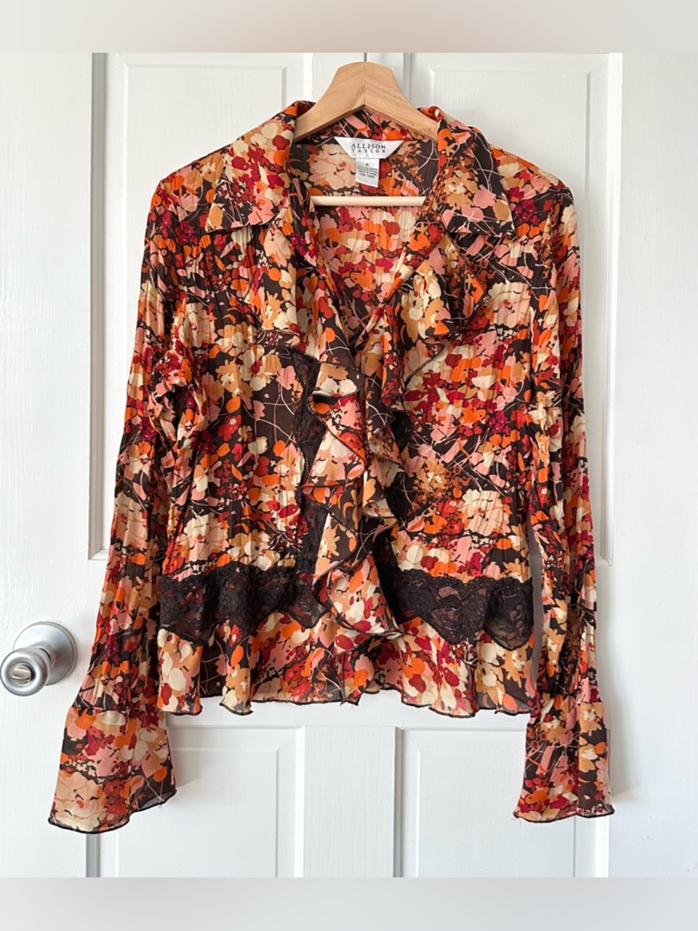 Vintage Allison Taylor Fall Floral Sheer Ruffle Top Orange Brown Lace Size M